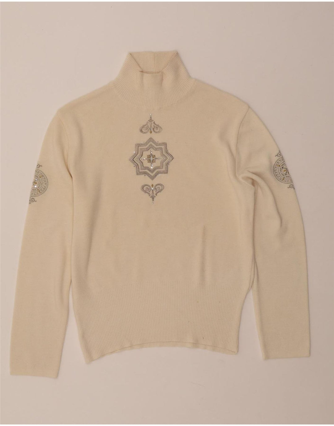 BOGNER Womens Turtle Neck Jumper Sweater UK 16 Large Beige Paisley Wool