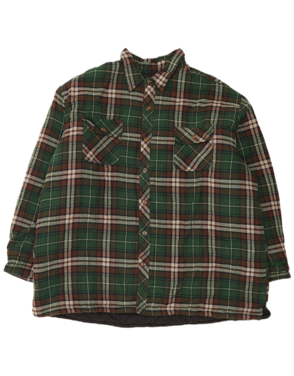 Vintage Mens Padded Flannel Shirt 3XL Green Check Polyester Classic