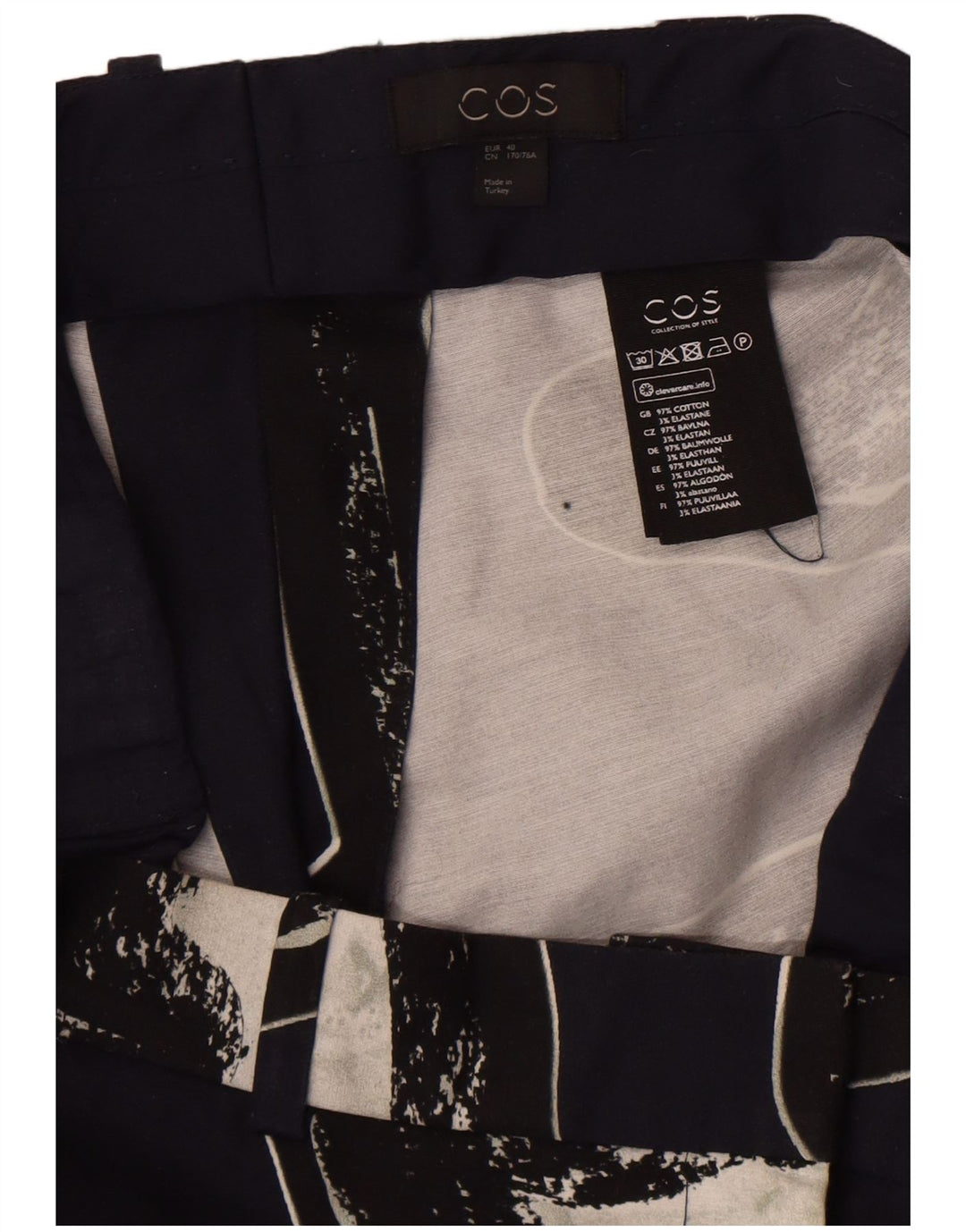 Cos Womens Abstract Pattern Chino Trousers EU 40 Medium W34 L28 Navy Blue