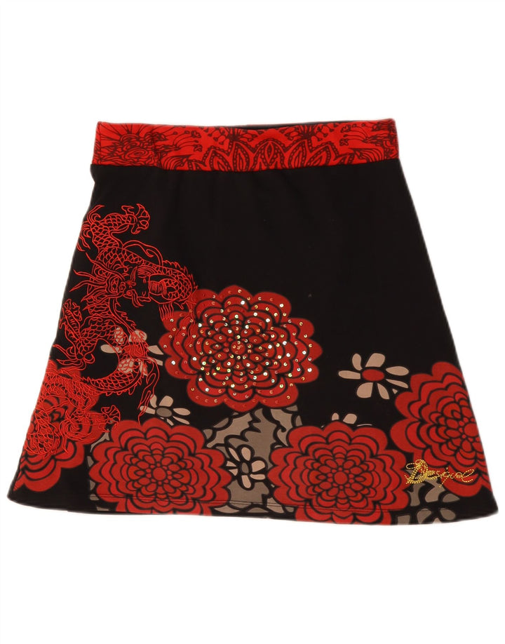 DESIGUAL Womens A-Line Skirt Medium W30  Black Floral Cotton