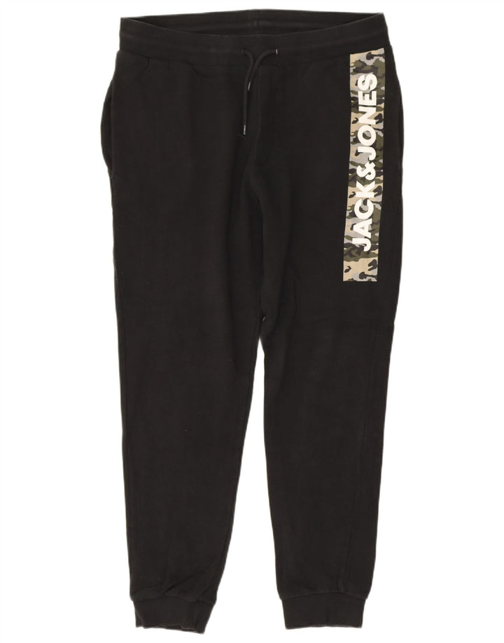 JACK & JONES Mens Graphic Tracksuit Trousers Joggers Large  Black Cotton