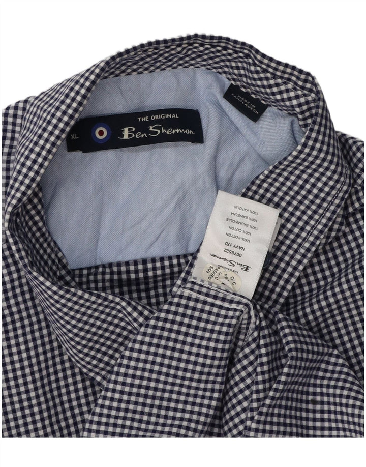 Ben Sherman Mens Shirt XL Navy Blue Gingham Cotton