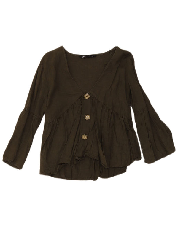 Zara Womens Shirt Blouse UK 10 Small Green Linen