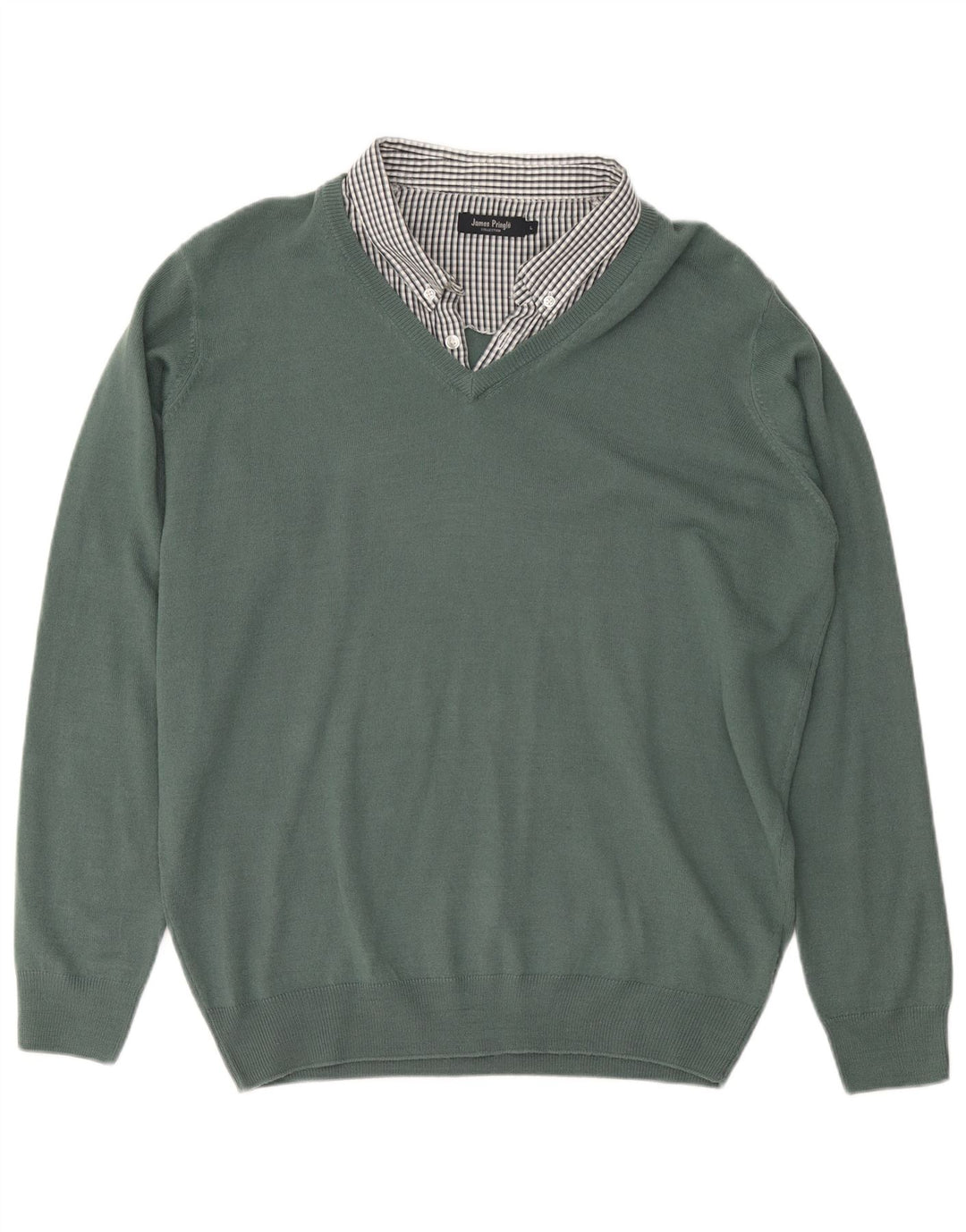 JAMES PRINGLE Mens V-Neck Jumper Sweater Large Green Check Acrylic