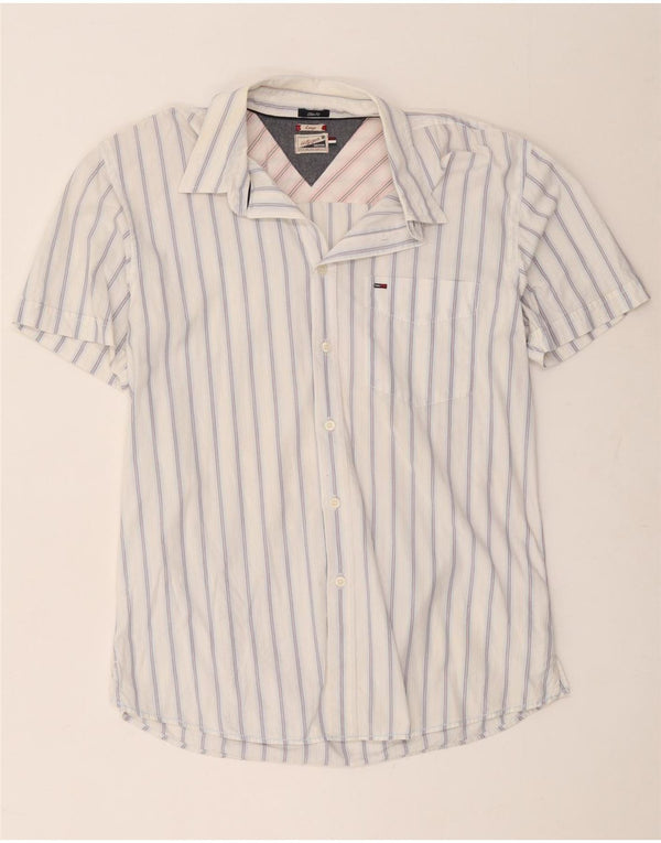 Tommy Hilfiger Mens Short Sleeve Slim Fit Shirt Large White Striped Cotton