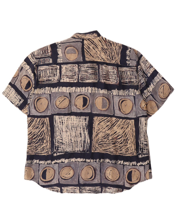 LAURENT Mens Short Sleeve Shirt Large Navy Blue Geometric Silk