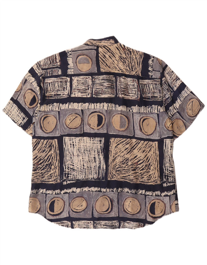 LAURENT Mens Short Sleeve Shirt Large Navy Blue Geometric Silk