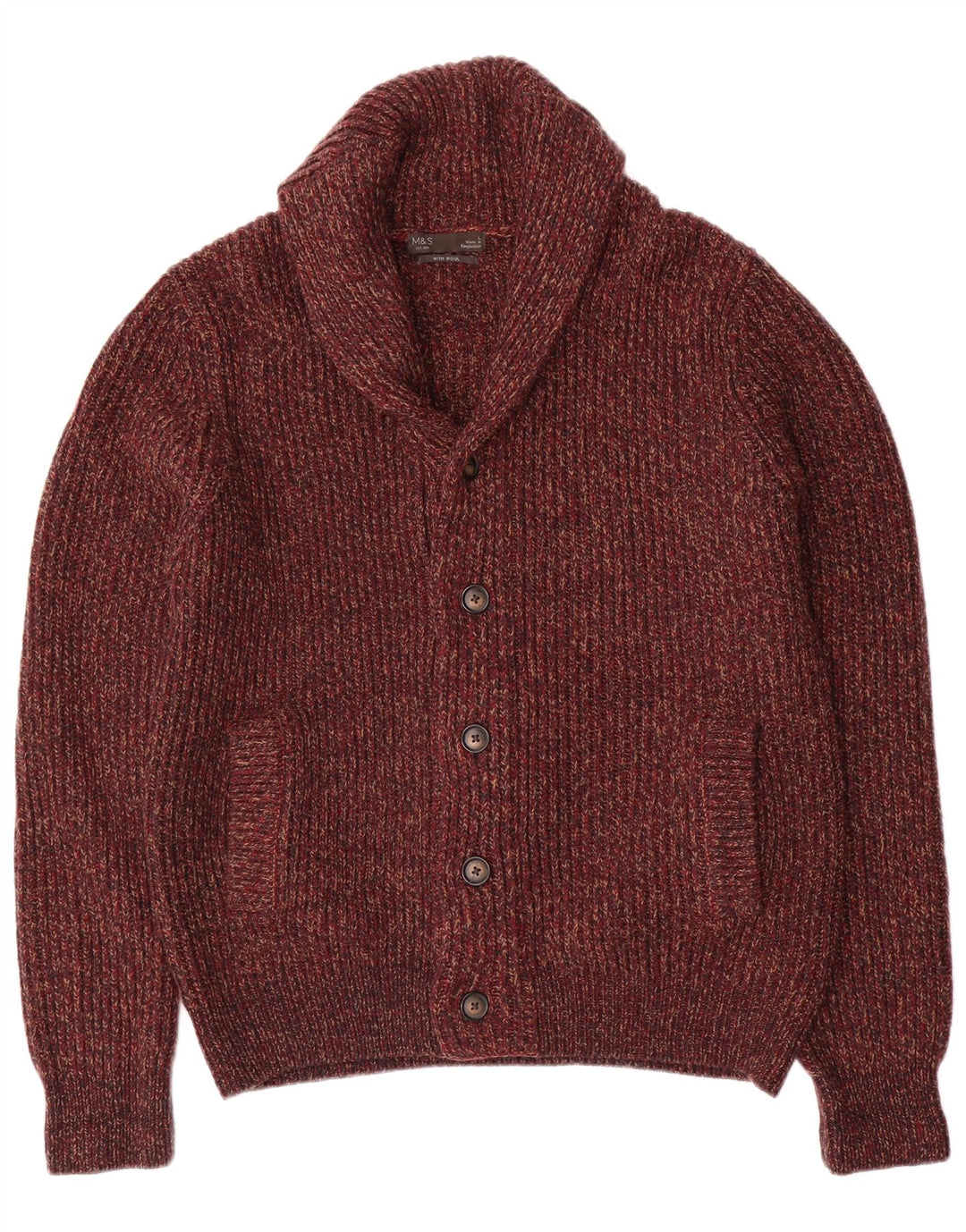 MARKS & SPENCER Mens Cardigan Sweater Large Burgundy Flecked Acrylic