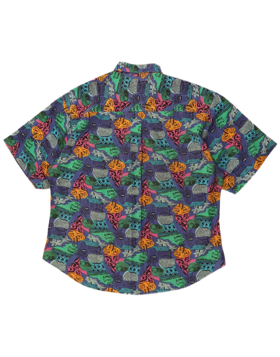 Vintage Mens Abstract Pattern Short Sleeve Shirt XL Blue Cotton