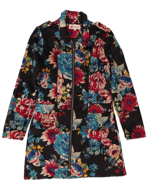 Vintage Womens Velvet Military Overcoat UK 6 XS Black Floral Cotton