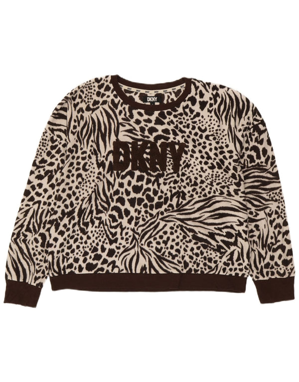 DKNY Womens Oversized Graphic Fleece Jumper UK 16 Large Brown Animal Print