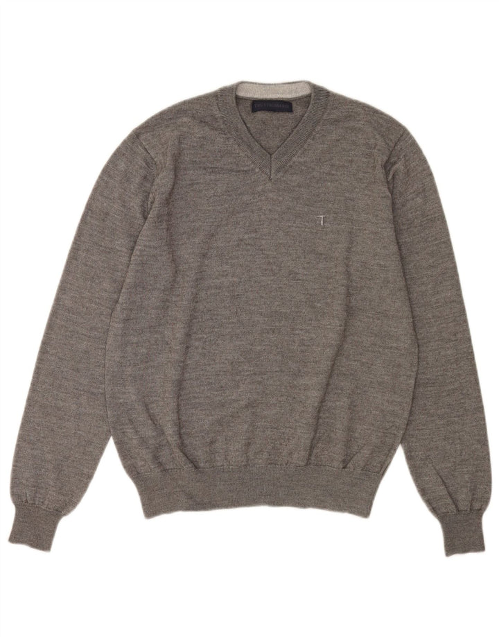 Trussardi Mens V-Neck Jumper Sweater Medium Grey Flecked Wool