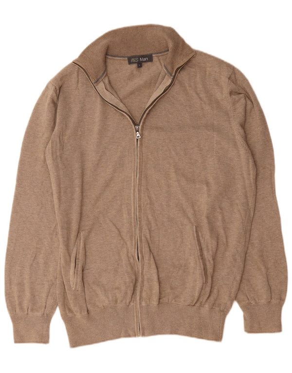 Marks & Spencer Mens Full Zip Cardigan Sweater Large Beige Pinstripe Cotton
