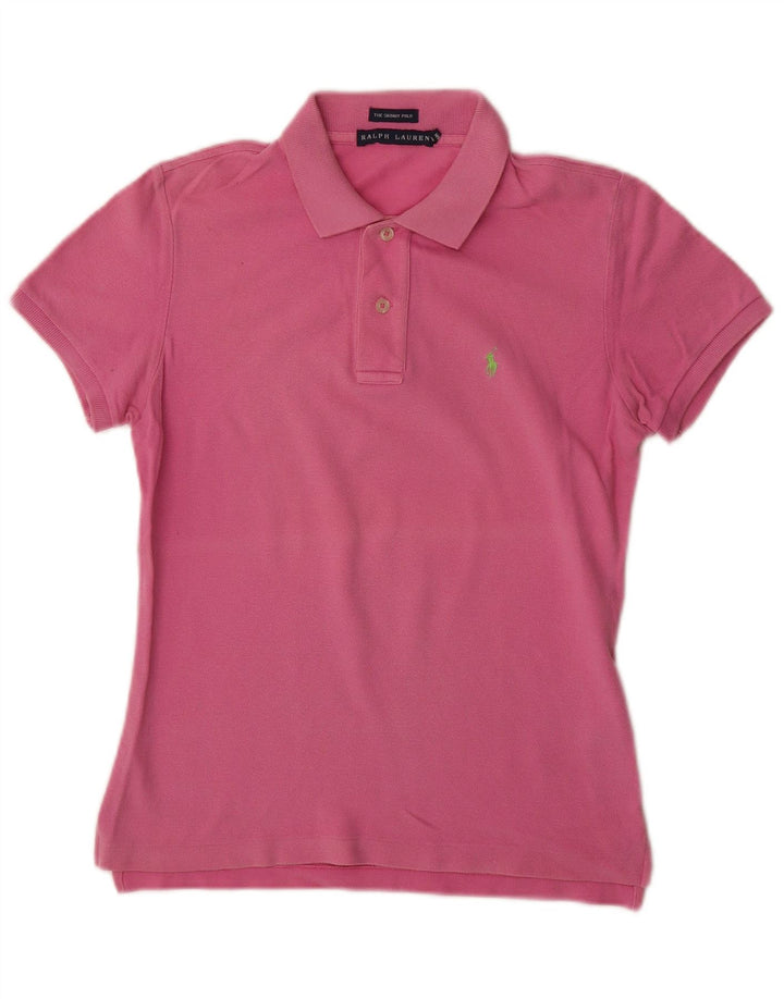RALPH LAUREN Womens Skinny Polo Shirt UK 12 Medium Pink Cotton