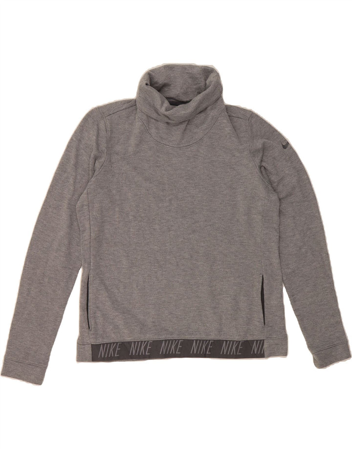 NIKE Womens Dri Fit Graphic Roll Neck Sweatshirt Jumper UK 14 Medium Grey Vintage Nike and Second-Hand Nike from Messina Hembry 