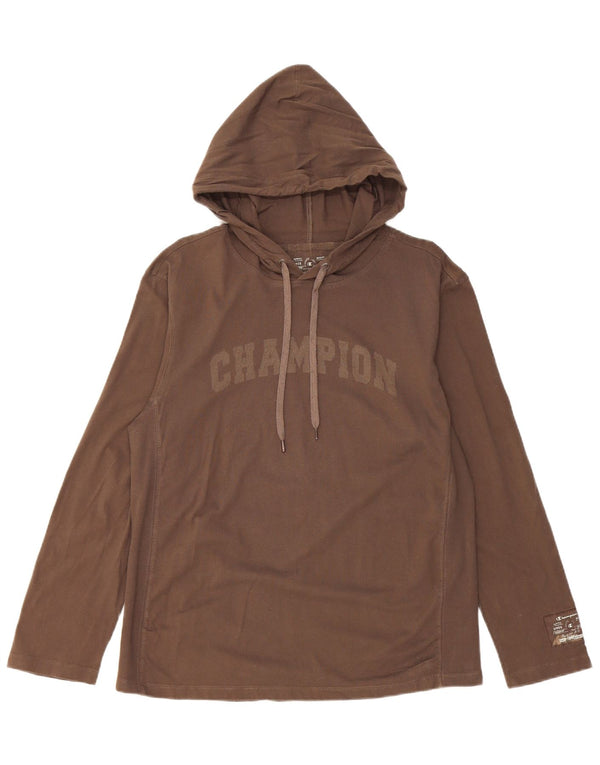 Champion Mens Hooded Graphic Top Long Sleeve Medium Brown Cotton
