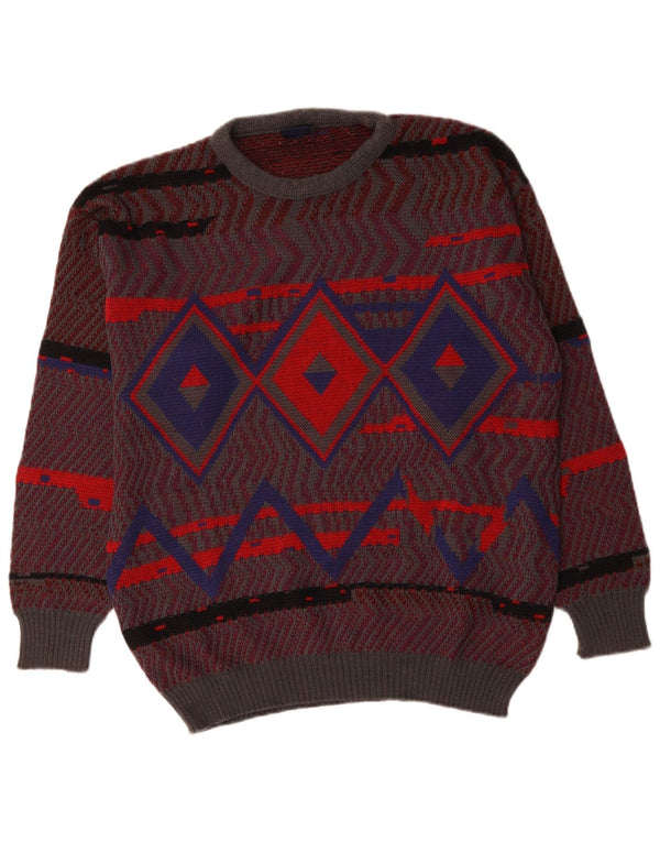 CASTELLO Mens Crew Neck Jumper Sweater IT 52 Large Red Argyle/Diamond Wool