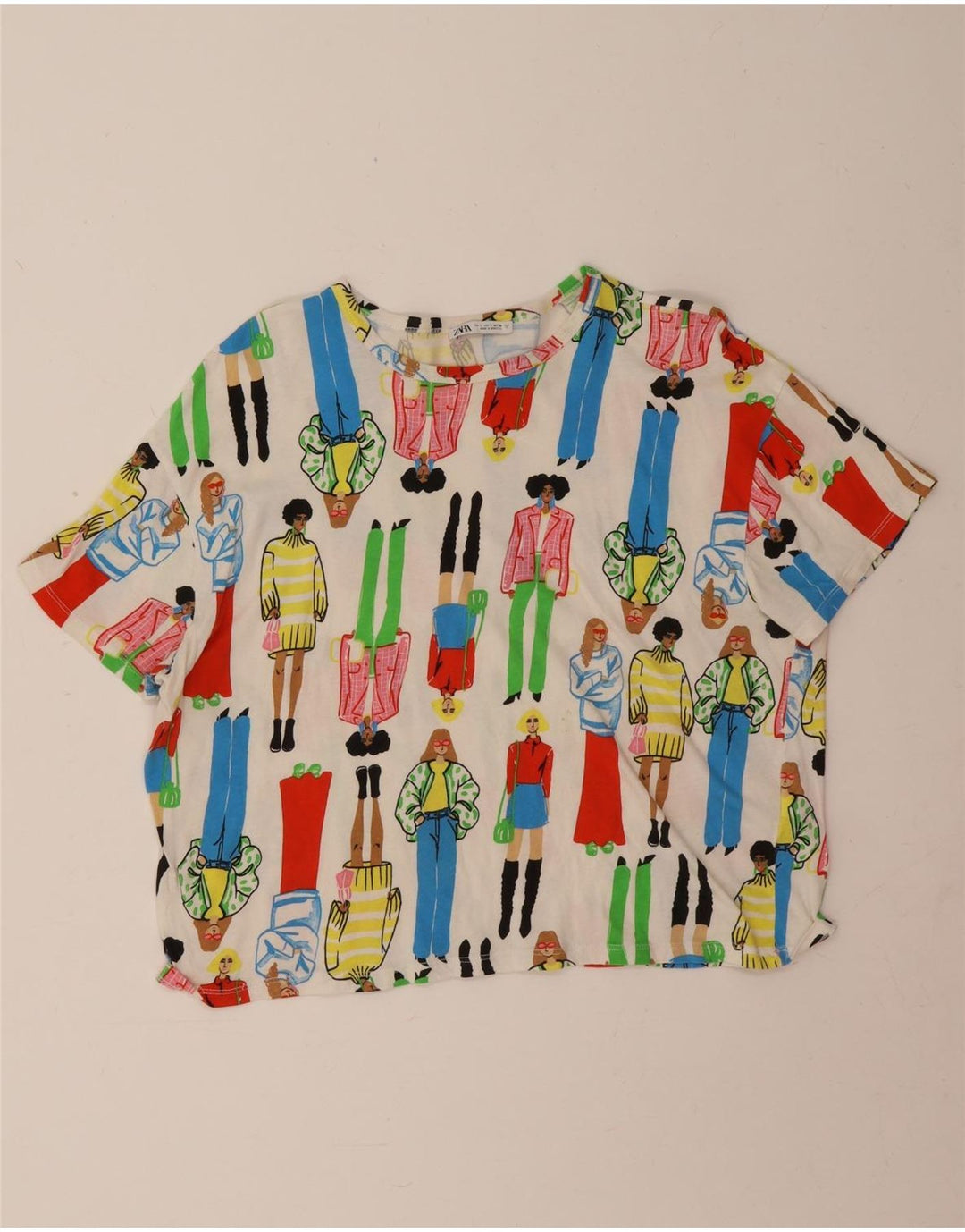 Zara Womens Abstract Pattern Crop Graphic T-Shirt Top UK 16 Large Off White