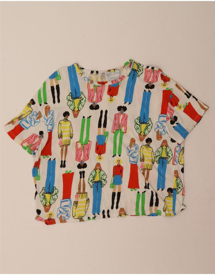 Zara Womens Abstract Pattern Crop Graphic T-Shirt Top UK 16 Large Off White