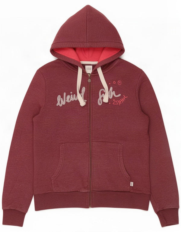 Weird Fish Womens Graphic Zip Hoodie Sweater UK 14 Large Burgundy Cotton