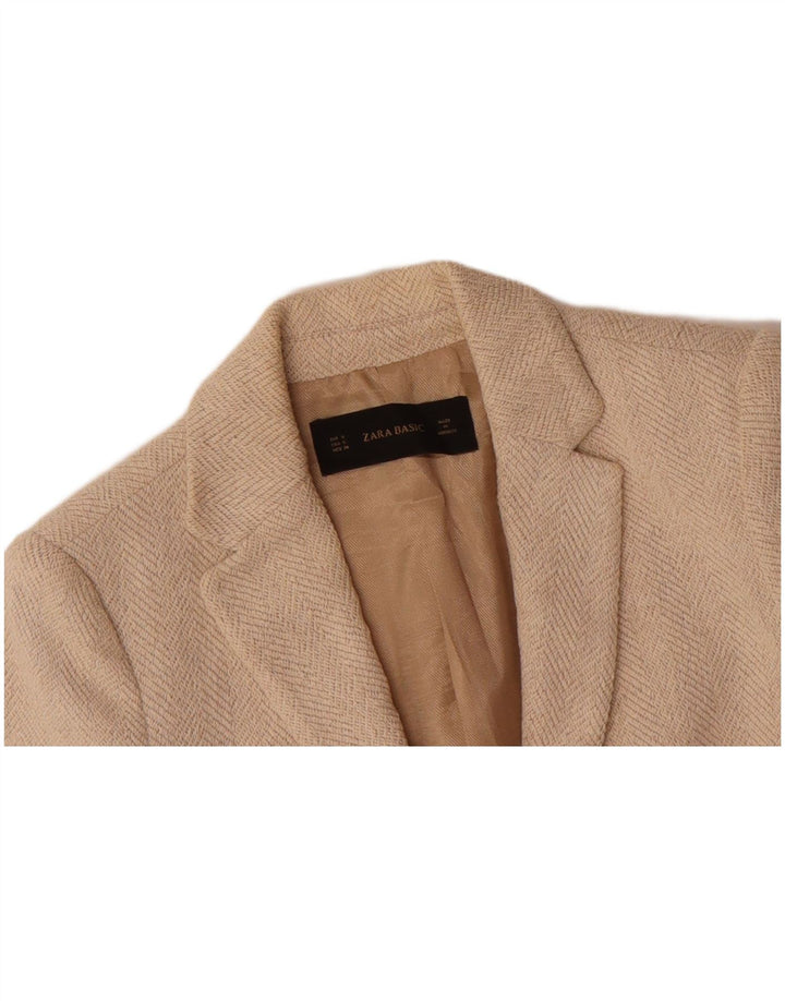 ZARA Womens 1 Button Blazer Jacket UK 10 Small Beige Herringbone Polyester