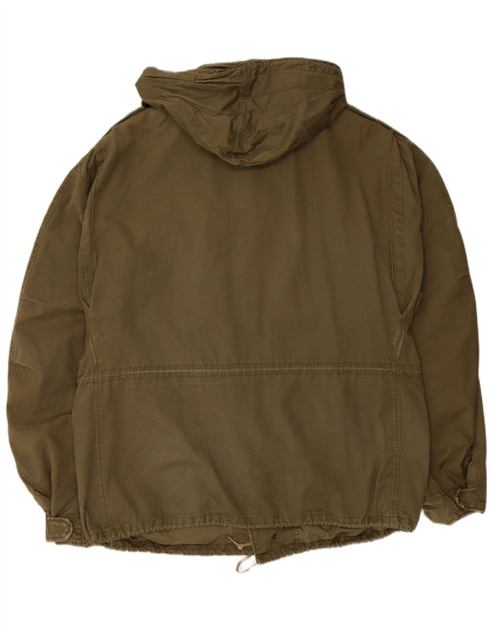 VINTAGE Mens Hooded Military Jacket UK 44 2XL Khaki Cotton