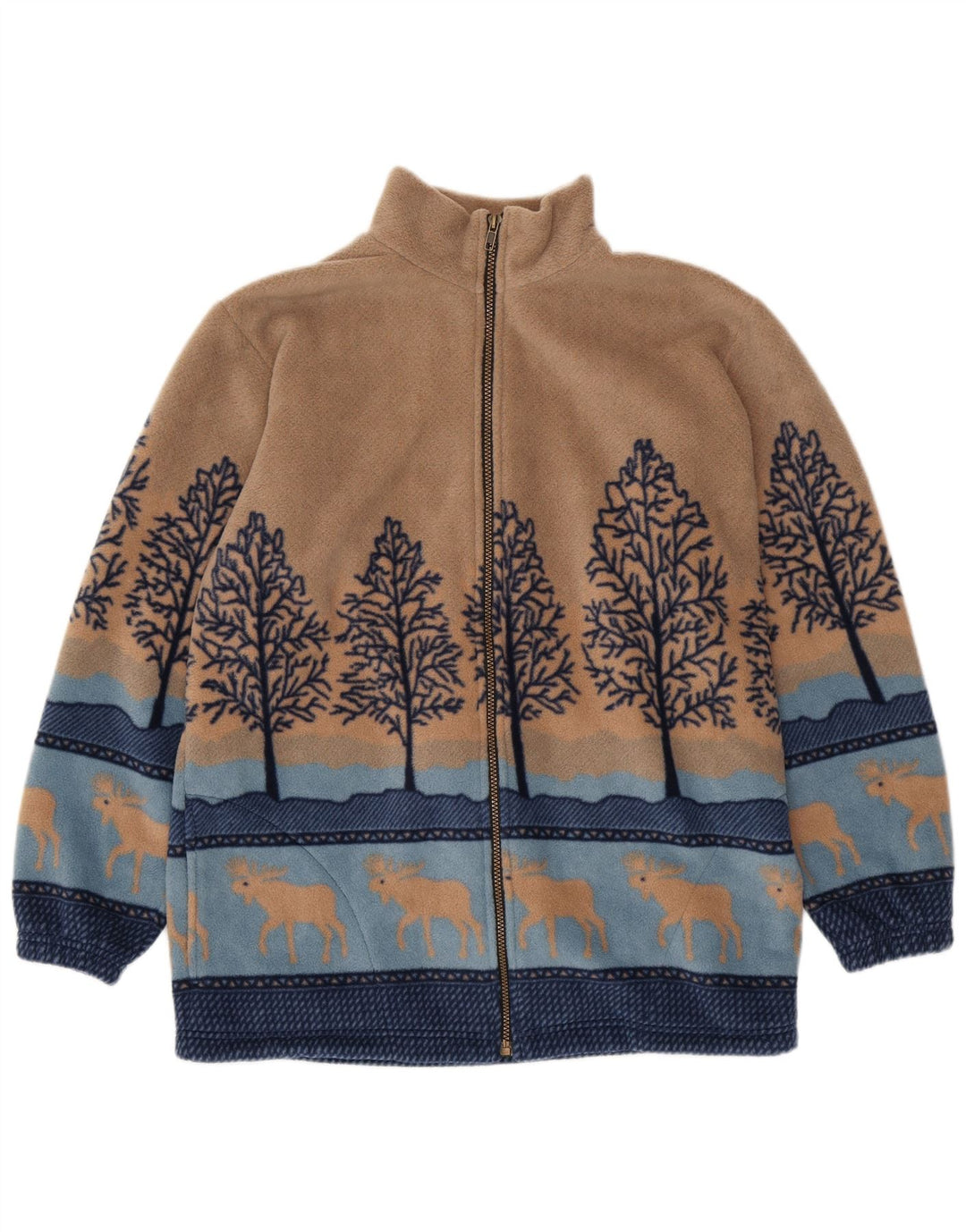 VINTAGE Womens Fleece Jacket UK 14/16 Large Beige Animal Print Polyester