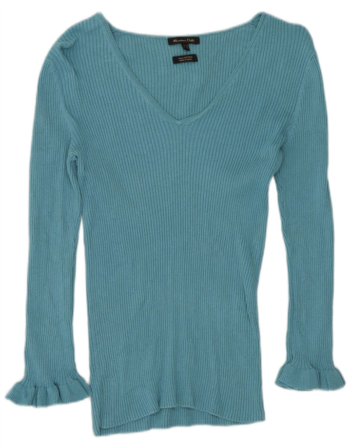 Massimo Dutti Womens V-Neck Jumper Sweater UK 12 Medium Blue Silk