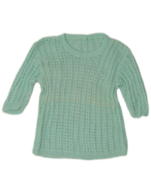 Vintage Womens 3/4 Sleeve Boat Neck Jumper Sweater UK 6 XS Turquoise