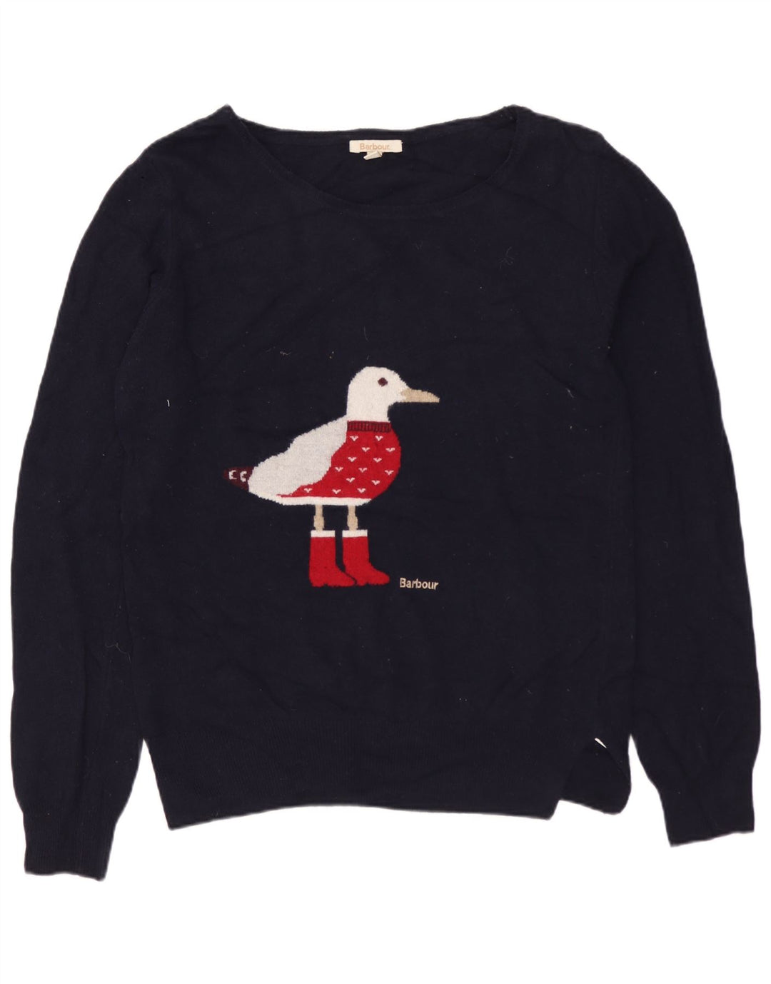 BARBOUR Womens Graphic Boat Neck Jumper Sweater UK 10 Small Navy Blue Wool