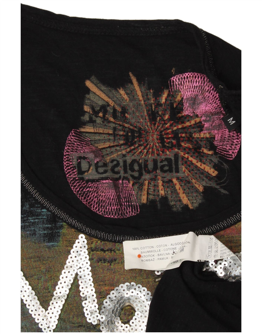 DESIGUAL Womens Graphic Top Long Sleeve UK 12 Medium Black Designer