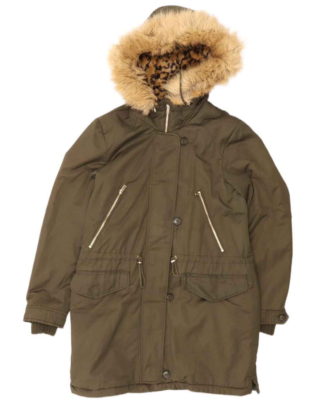 Zara Womens Hooded Parka Jacket UK 14 Medium Khaki Polyester