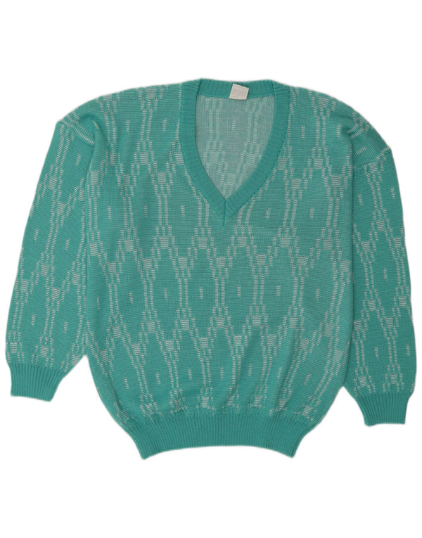 Il Birillo Womens V-Neck Jumper Sweater UK 20 2XL Turquoise Geometric
