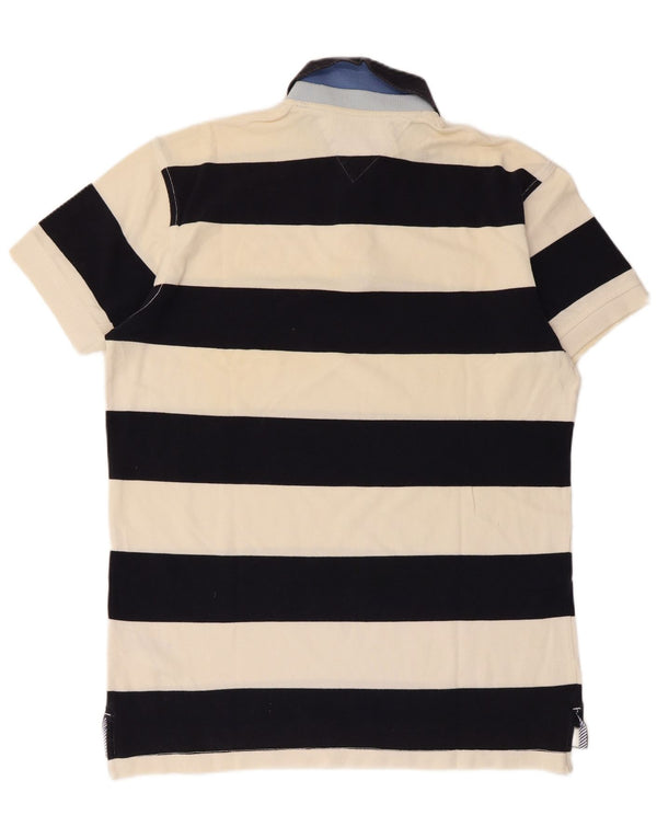TOMMY HILFIGER Mens Rugby Polo Shirt Large Black Striped Cotton