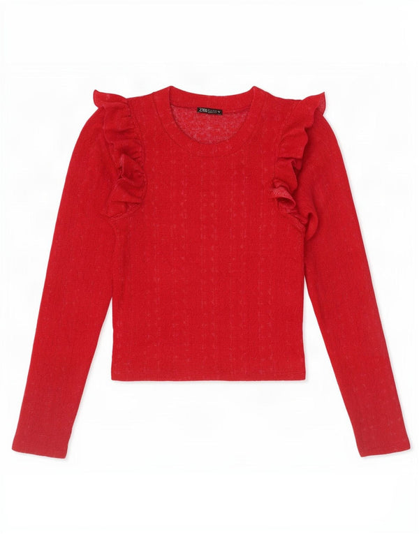 Zara Womens Crop Ruffle Front Top Long Sleeve UK 8 Small Red