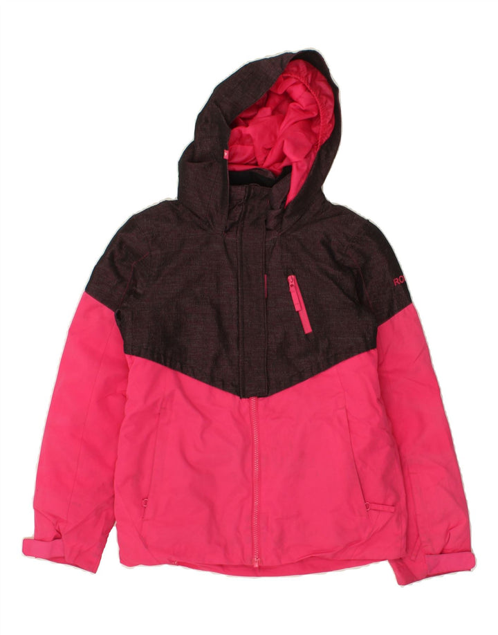 ROXY Girls Hooded Rain Jacket 11-12 Years Large Pink Colourblock Polyester Vintage Roxy and Second-Hand Roxy from Messina Hembry 