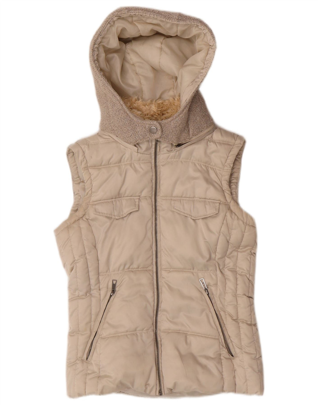 Zara Womens Hooded Padded Gilet UK 10 Small Beige Polyester