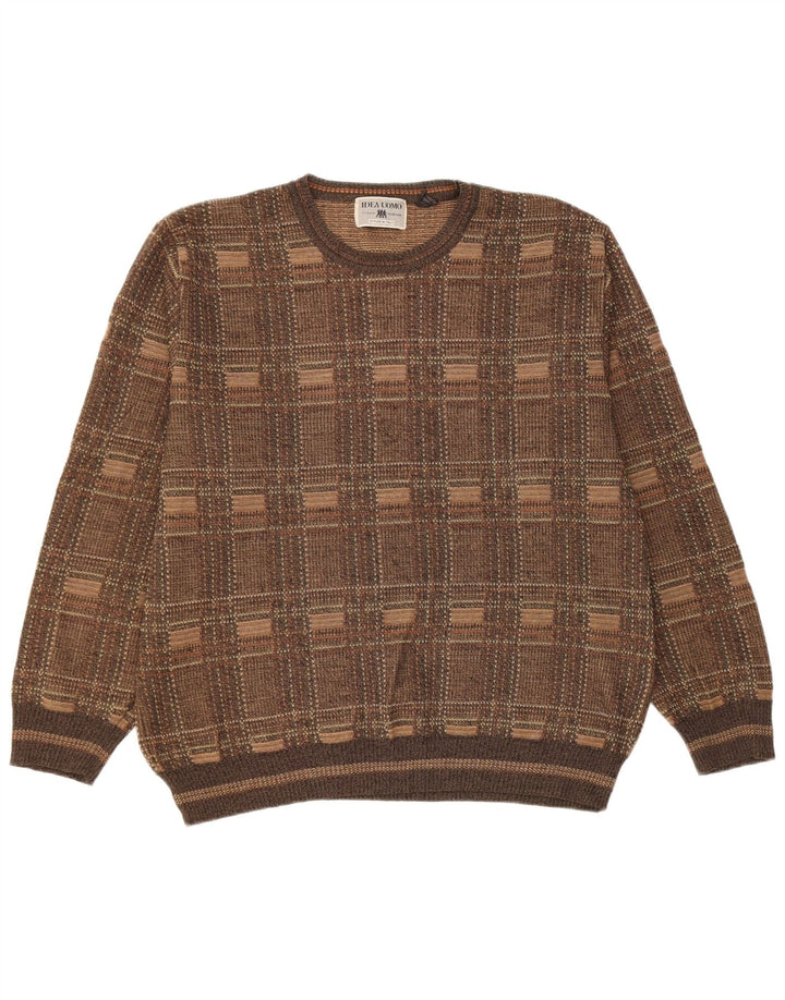 Vintage Mens Crew Neck Jumper Sweater Large Brown Check