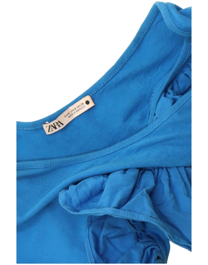 Zara Womens Ruffle One Shoulder Bodysuit UK 8 Small Blue Cotton