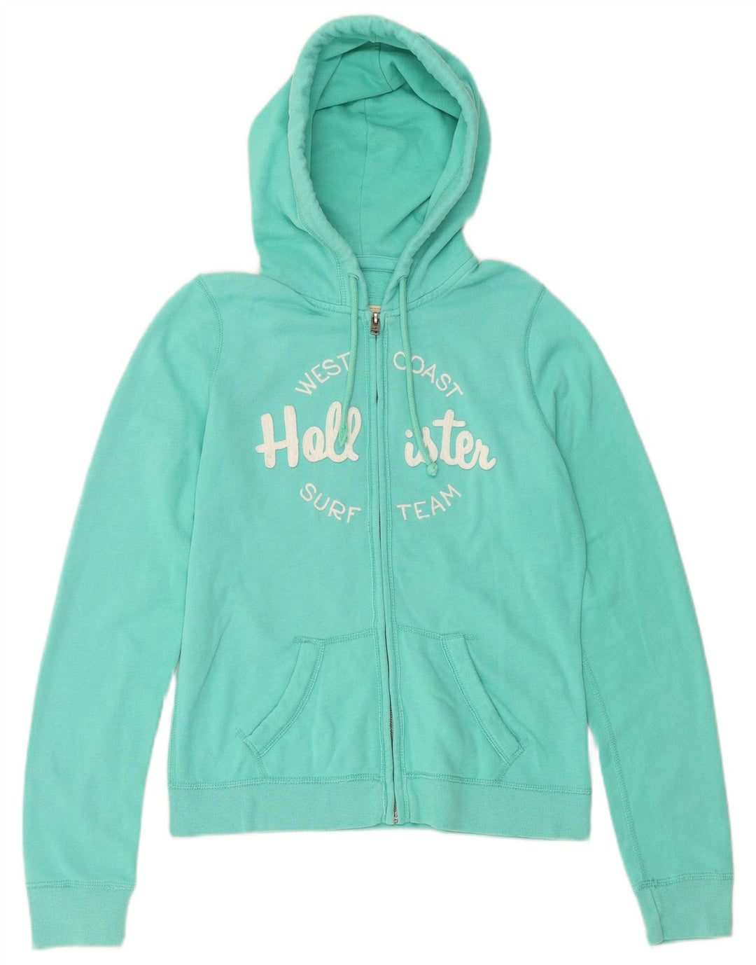 HOLLISTER Womens Graphic Zip Hoodie Sweater UK 14 Medium Turquoise Cotton
