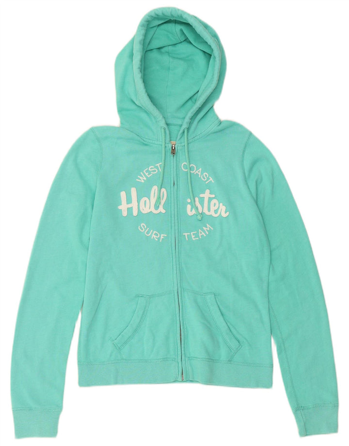 HOLLISTER Womens Graphic Zip Hoodie Sweater UK 14 Medium Turquoise Cotton