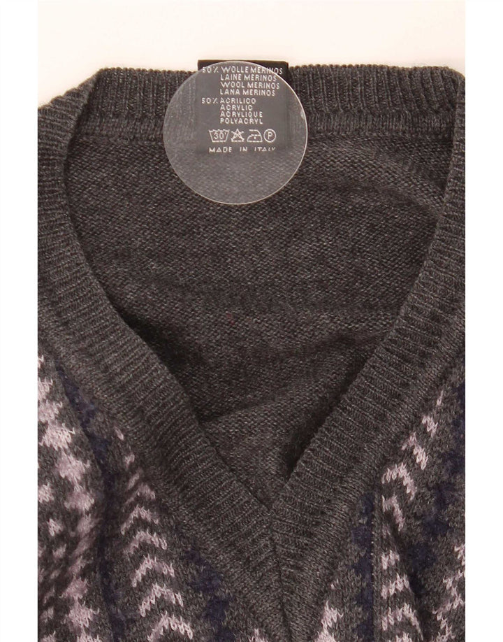 Rinaldi Mens V-Neck Jumper Sweater Medium Grey Geometric Wool