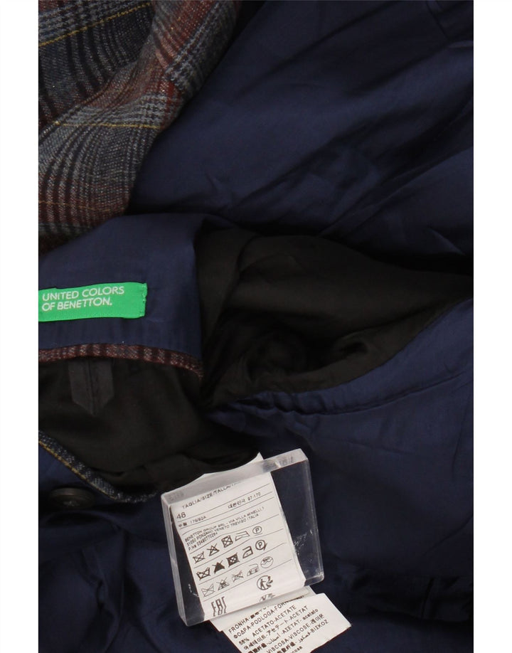 Benetton Mens 2 Button Blazer Jacket UK 38 Medium Navy Blue Plaid Wool
