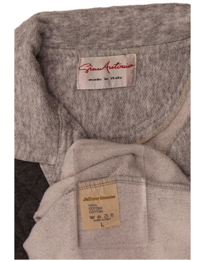 VINTAGE Mens Polo Neck Sweatshirt Jumper Large Grey Colourblock Cotton