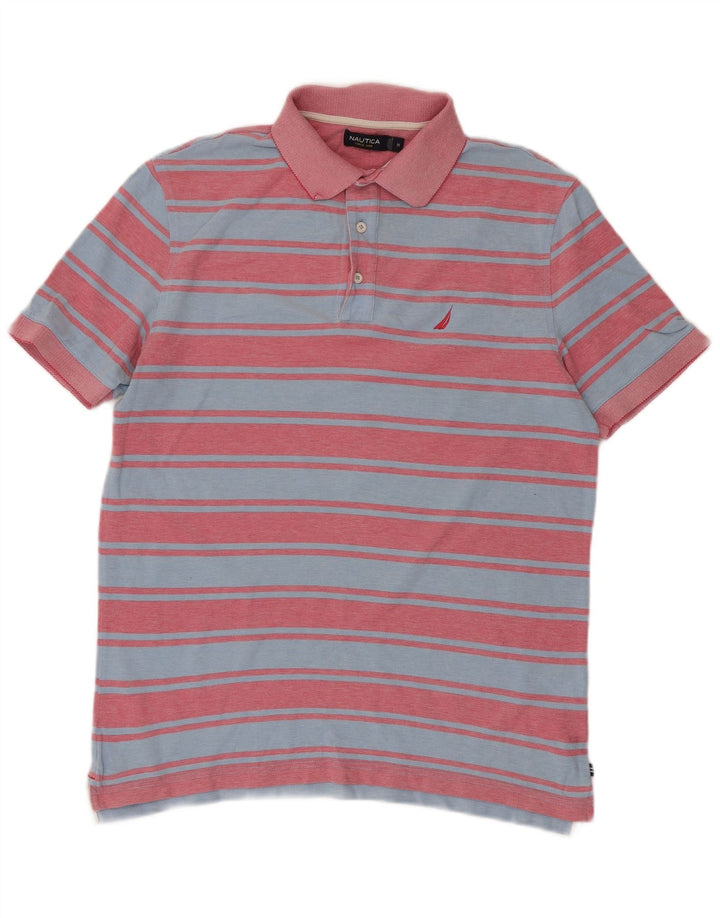 Nautica Mens Polo Shirt Medium Blue Striped Cotton