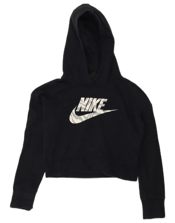 NIKE Girls Crop Graphic Hoodie Jumper 10-11 Years Medium Black