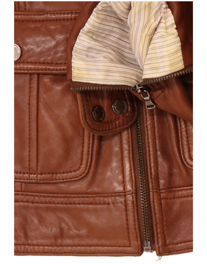 MASSIMO DUTTI Womens Crop Leather Jacket UK 10 Small Brown Sheepskin