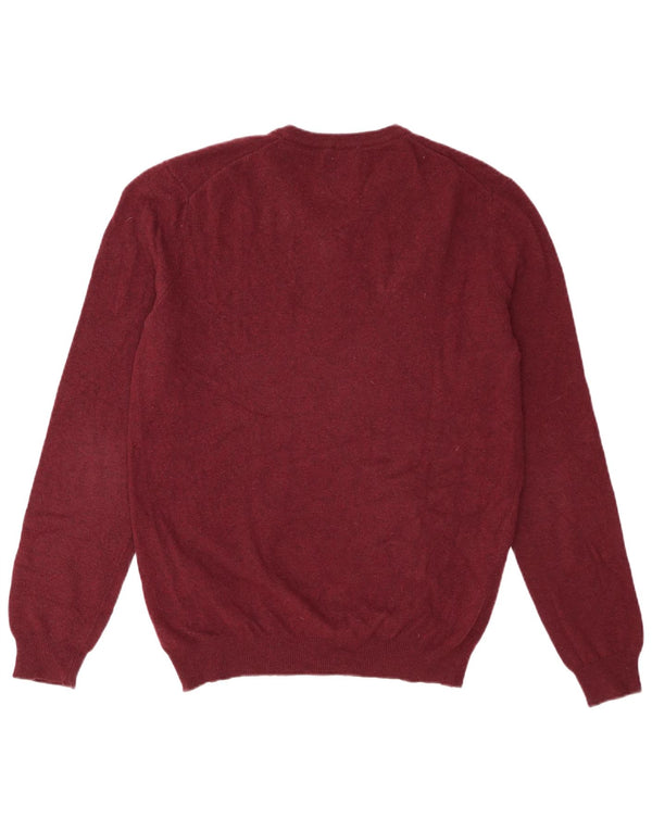 Benetton Mens V-Neck Jumper Sweater Medium Burgundy Virgin Wool