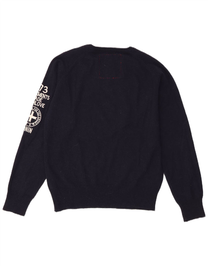 Zu Elements Mens Graphic V-Neck Jumper Sweater XL Navy Blue Geometric Wool