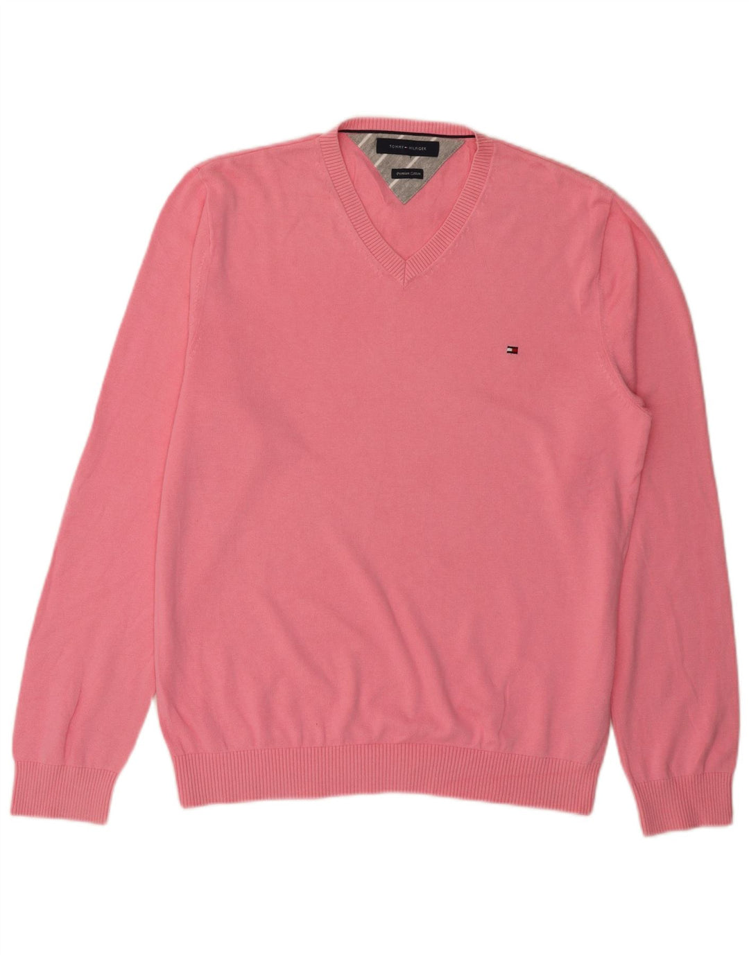 Tommy Hilfiger Mens V-Neck Jumper Sweater Medium Pink Cotton